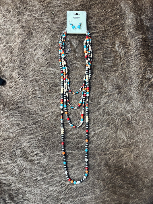 Layered Navajo Pearl/Bead Necklace and Earring Set